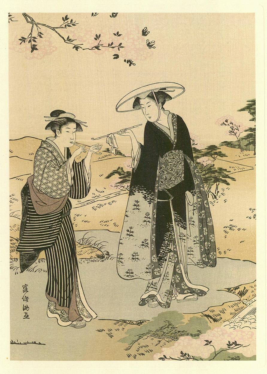 Japanese antique woodblock print Hokuba Arisaka from Ukiyoe-ha-gashu. Two Ladies in Spring Meadows 1906